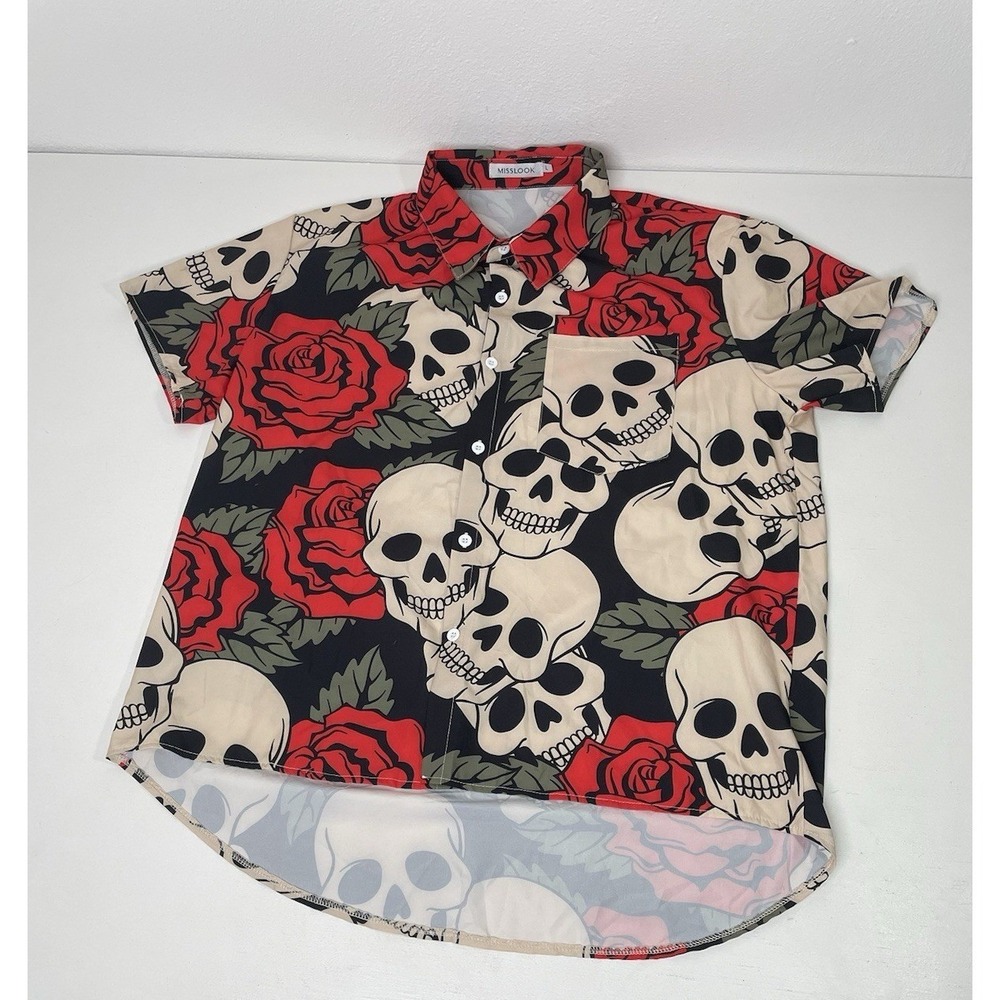 Skull & Rose Whimsigoth Shirt Womens Large MissLook High Low Top Red Black Punk